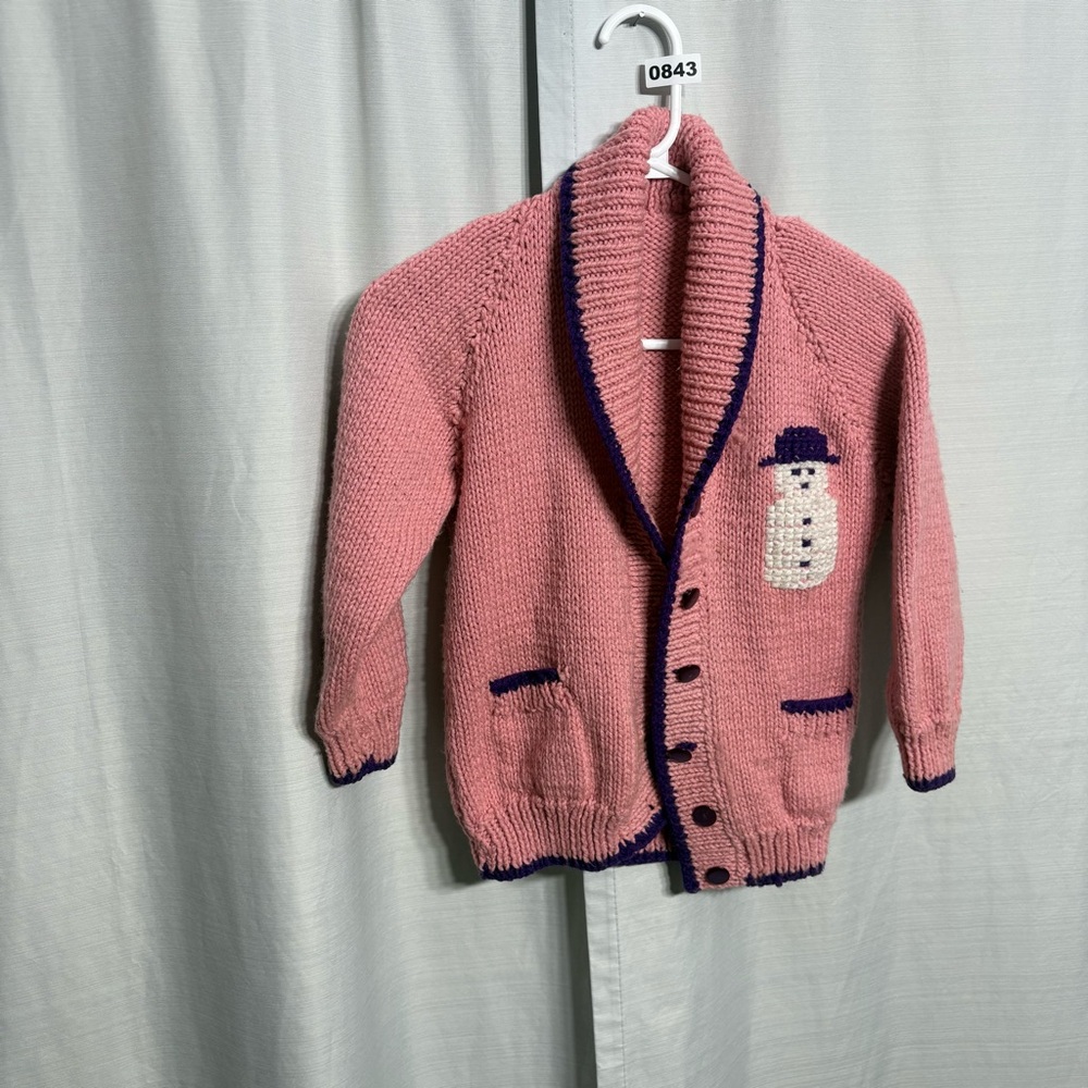 Handmade Pink Knit Cardigan‎ Snowman Cozy Cottagecore Girls 7/8 Grandmacore